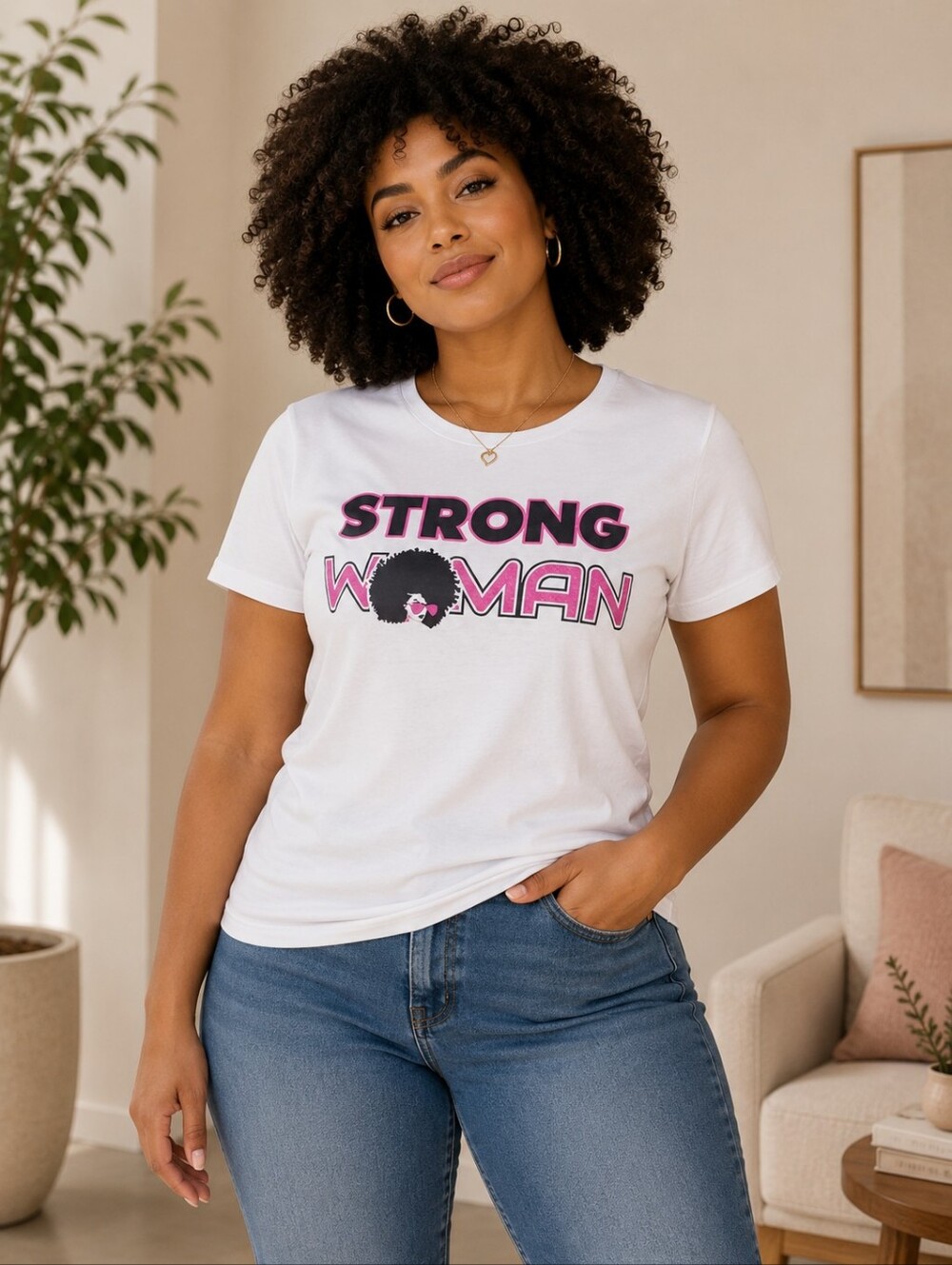 "Strong Woman" Afro Girl Power Graphic Tee XL White Pink Empowerment Feminist